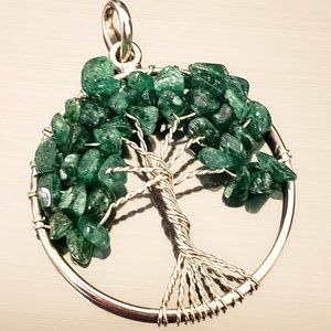 Sterling Silver Jade Emerald Green Semi-Precious Stone Tree of Life Pendant
